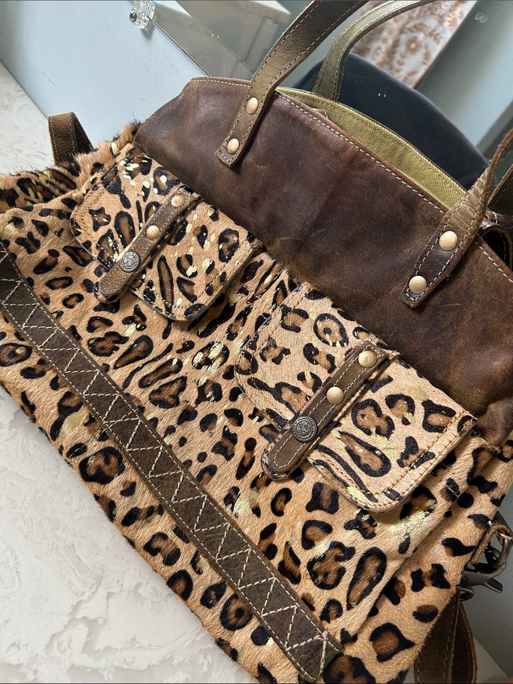 Myra Bag Beige & Brown Tote with Printed Lining